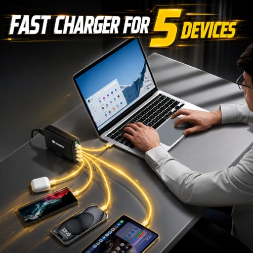 HUNDA 245W USB C Charger GaN Charging Station Desktop 5 Ports PD 140W MacBook Charger Fast Adapter Support PD3.1/PPS 45W /QC5 for MacBook Pro/Air,Dell,HP,Lenovo,Surface,iPhone,iPad,Galaxy etc