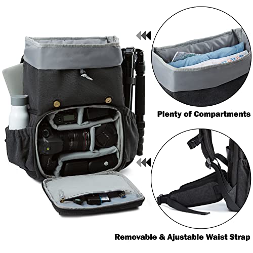 BAGSMART Camera Backpack, Large DSLR/SLR Waterproof Photography Bag Fit up to 15" Laptop with Tripod Holder, Waist Belt and Rain Cover, Black - color: E-black[double Buckle]