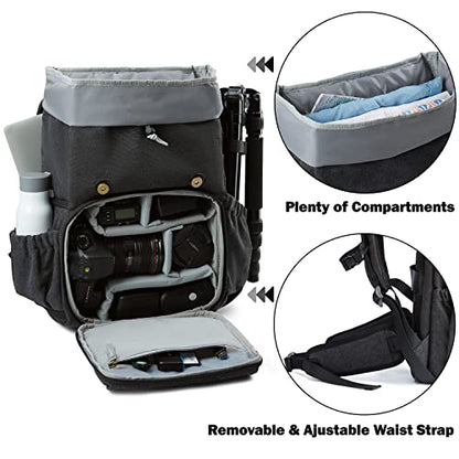 BAGSMART Camera Backpack, Large DSLR/SLR Waterproof Photography Bag Fit up to 15" Laptop with Tripod Holder, Waist Belt and Rain Cover, Black - color: E-black[double Buckle]