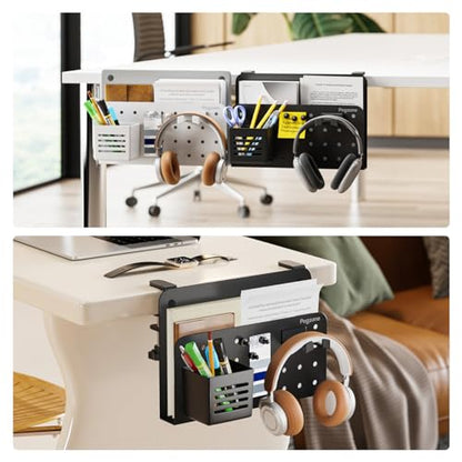 PEGZONE Desk Side Storage Organizer, No Drill Under Desk Laptop Holder, Clamp on Desks Shelf with Pegboard Accessories, Hanging Laptop Mount, Fits Flat Edge 0.4" to 2.2", Black | No Drill Under Desk Laptop Holder, Clamp on Desks Shelf with Pegboard Access