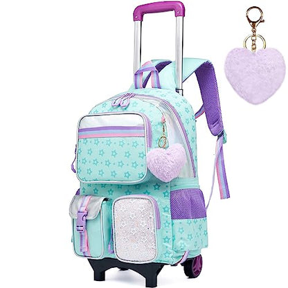 Meetbelify Backpack with Wheels for Girls Rolling Backpack Cute Carry on Backpack for Elementary Student - color: Green