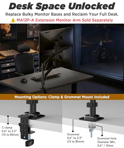 Extra-Tall Heavy-Duty Monitor Arm Mount for 40" Ultrawide Monitors | 33.4" Max Height, 26.4 lb VESA Capacity, C-Clamp & Grommet Mount, Height Adjustable, Long-Reach Ergonomic Arm, Black, MA12P-S - size: Sinlge Monitor Arm