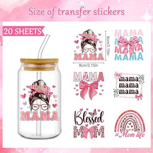 Rngmsi 20 Sheets Mom UV DTF Cup Wrap, Mama Waterproof Cold UV DTF Stickers | Pink Bow Aesthetic Uvdtf Stickers, Rainbow Flower Affirmative Rub on Transfer Decals, DIY Crafts - style: Mama