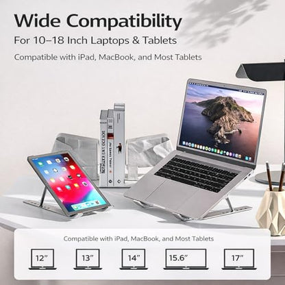 Portable Foldable Laptop Stand for Travel, Adjustable Aluminum Laptop Stand Riser for Desk, Ergonomic Computer Stand with Pouch for 16–18 Inch Laptops (Silver)