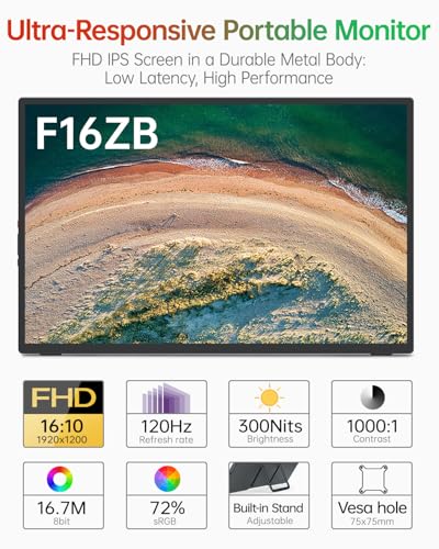 Intehill 16" 120Hz Portable Gaming Monitor, Anti-Glare Portable Monitor with Full-covered Tempered Glass, USB-C HDMI External Display w/Speakers & Stand, Travel Monitor Second Screen for Laptop, F16ZB - color: Matte Black
