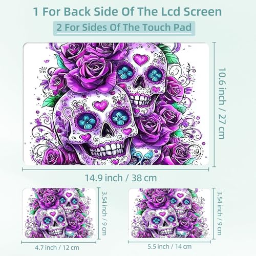 Universal Laptop Skin Decal, 3-Piece Vinyl Protector for 12 13 14 15.6" Notebook, Waterproof Anti-Scratch, Easy Trim & Bubble-Free Finish, Skull with Purple Roses - color: Skull with Purple Roses