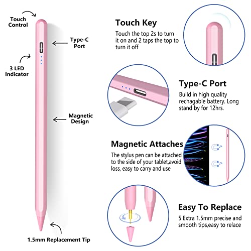 TaIYanG iPad Stylus Pen for iPad 2018-2026, Palm Rejection, Fast Charging | Tilt Sensitivity, for iPad Pencil A16 /10/9/8/7/6, Pro 11/13" (M5/M4),Air M4/M3/M2/5th/4th, Pro 11/12.9", Mini 6/5, Pink - color: Pink