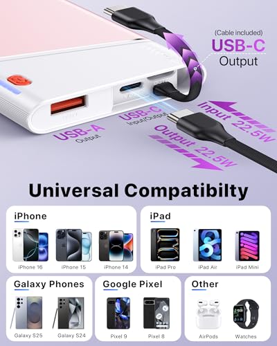Aaoyun Portable Charger Power Bank, 10000mAh 22.5W PD Fast Charging Powerbank with Built-in USB C Cable, Slim External Phone Battery Pack for iPhone 17/16/15 Samsung S24 Android etc (Pink) - color: Pink-10000mah