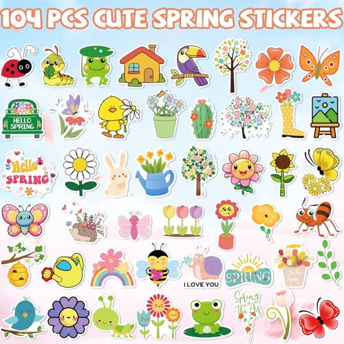 XZENTIRA 104 PCS Spring Stickers Vinyl Waterproof Stickers for Water Bottles, Cute Crafts, Insect Cards, Flowers Decor, Scrapbook, Gifts Bags, Laptop, Party Favors - style: Spring