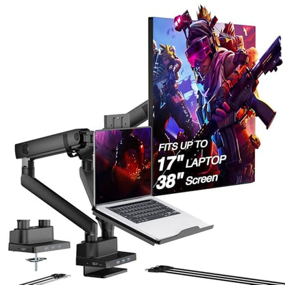 AVLT Laptop & Monitor Arm Desk Mount for 17-38" Screens, USB-C Dock - Black | Supports flat/curved screens up to 22 lbs each. 12-17" laptop tray, 7-in-1 USB-C dock, HDMI 4K60, Ethernet and 100W PD - color: Black