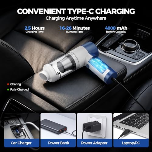 Car Vacuum/Air Duster Portable Cordless - 16000PA High Power Handheld Vacuum with 85,000RPM Brushless Motor, 4-in-1 Rechargeable Mini Vacuum & Blower & Pump for Car Detailing, Home, Office, Pet Hair