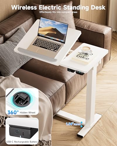 BIZUM Small Electric Standing Desk, Overbed Table Wireless Tilt Top with Hidden Wheels, 27.6×15.8 Inch Adjustable Rolling Laptop Desk, USB-C Rechargeable Battery, White - color: White