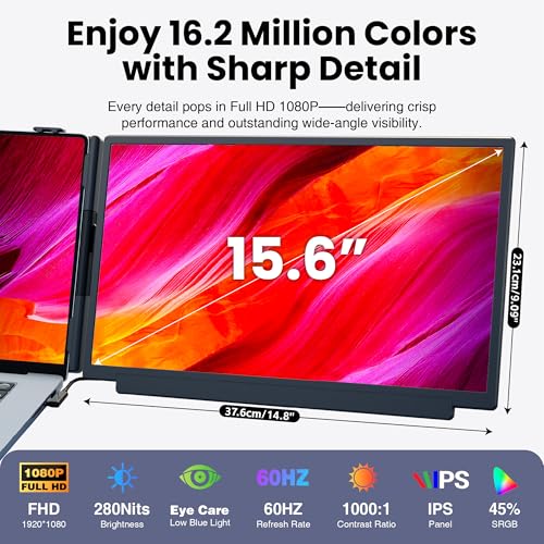 kasorey Laptop Screen Extender, 15.6" FHD 1080P Detachable Laptop Monitor Extender for 13-17.3" Laptop, Plug-Play Portable Laptop Extended Monitor, Slim 0.27'' Travel Monitor for Wins/Mac/Android/PS5 - size: 15.6" Dual Screen