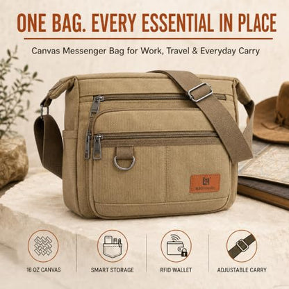 Rfid Crossbody Messenger Bag with Water Bottle Holders, 13 inch Laptop Shoulder Bag, Sling Satchel Purse w/Built-in Wallet - color: Khaki