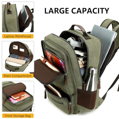 Canvas Laptop Backpack for Men Women,Durable Travel Work Business Rucksack Bookbags Fits 15.6 Inch Notebook & Laptops,College Backpacks Computer Bag Weekender Hiking Daypack(Green) - color: Green