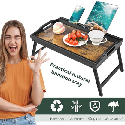 Tray Table for Bed, Bamboo Breakfast Serving Tray with Folding Legs and Handles, Laptop and Snack Bed Table with Cross Bar & Media Slot, Dark Brown with Black Legs, for Bedroom, Sofa, Kitchen - color: Brownish-black