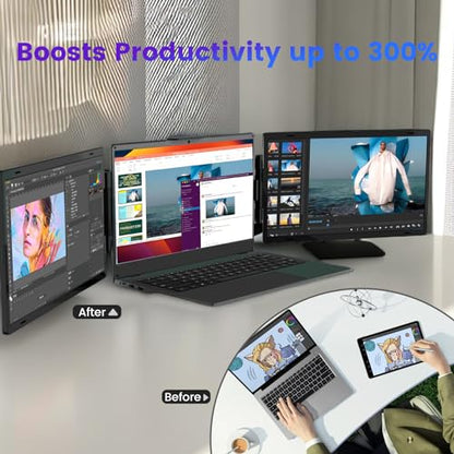 Azeyou 15.6" Triple Laptop Screen Extender - FHD 1080P Portable Monitor & Gaming Monitor, USB-C/HDMI Plug & Play Second External Monitor for 14”-17” Laptops, PC, Mac, Phone