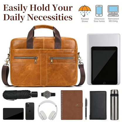 Leather Laptop Bag for Men Briefcase Fits 15.6 Inch Notebook Portable Shoulder Messenger Crossbody Bag for Travel Office - color: 16yellow Brown