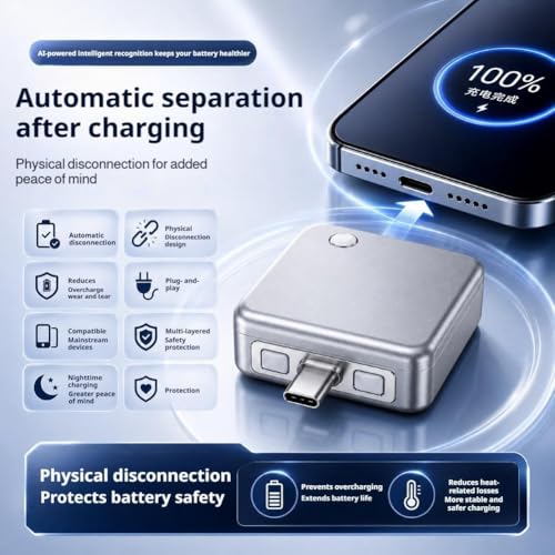 140W Smart Auto Stop Charging Adapter AI Auto Power Off Fast Charging Adapter Physical Disconnect Battery Guard Anti-Overcharge Safety Bridge for USB C Cable Phone Laptop