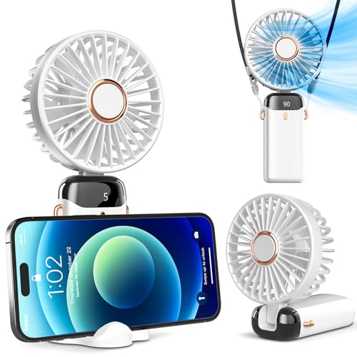 Koonie Handheld Fan, 5 Speeds, 8H Battery, 90° Tilt, Rechargeable, White | Digital display, 8-hour runtime, 90° adjustable tilt, battery operated, portable, for indoor & outdoor use - color: white