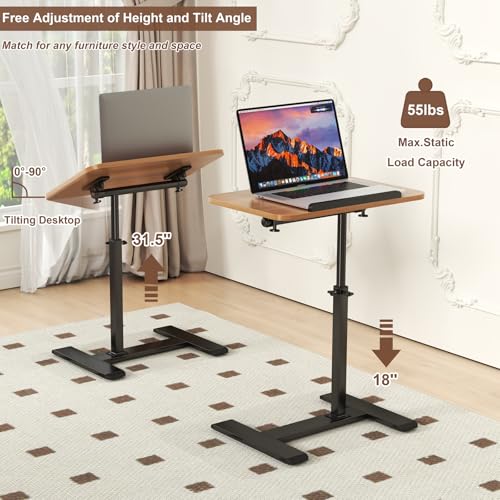 Adjustable Height C Shaped Side Table,360°Swivel Overbed Table,Top Tilting Laptop Stand Table with Hidden Wheels,Mobile Couch End Tables that Slide under,Rolling TV Coffee Table for Sofa/Bed (wood) - color: Wood