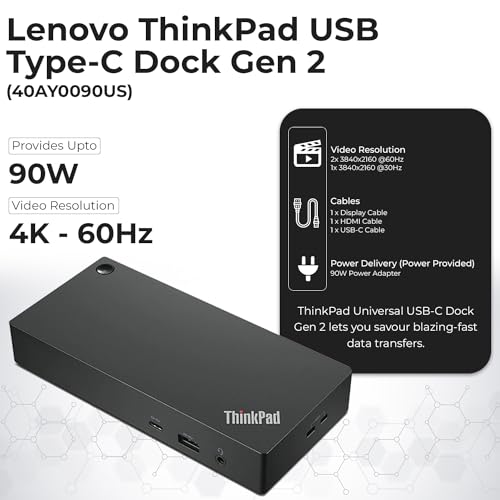 40AY0090US Lenovo Thinkpad Docking Station Dual Monitor - Supports 4K Display, Universal Lenovo Gen 2 Dock with 90W Adapter, HDMI, DisplayPort, USB-C Cables & Cloth (Renewed)