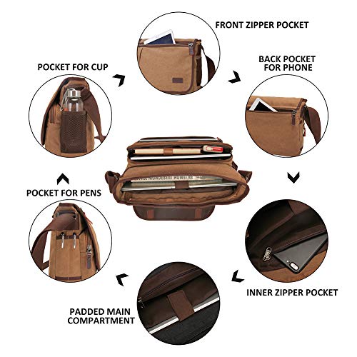 Modoker Messenger Bag for Men, 13 Inches Laptop Satchel Bags, Canvas Shoulder Bag with Bottle Pocket - color: Brown