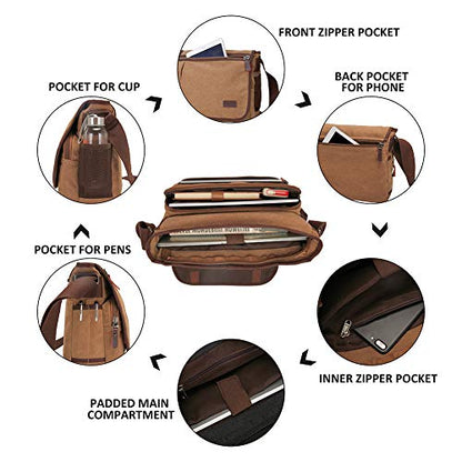 Modoker Messenger Bag for Men, 13 Inches Laptop Satchel Bags, Canvas Shoulder Bag with Bottle Pocket - color: Brown