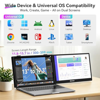 Blackview Laptop Screen Extender, 14" 1080P FHD IPS Portable Monitor, Ultra-Slim Travel Dual Monitor Fit for 13"-17.3" Laptops, USB-C Plug &Play Extended Screen for Windows/Mac/Android/Switch