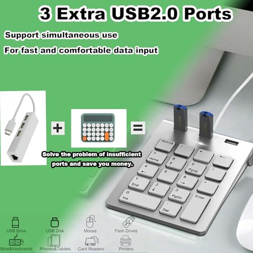 2-in-1 Number Pad & USB Hub with USB-C and USB-A Cables, 15° Ergonomic Wired Numpad with 3 USB 2.0 Ports, 18 Keys Numeric Keypad for Laptop/Desktop/Surface/iPad/Mac/No Adapter Needed USB Number Keypad