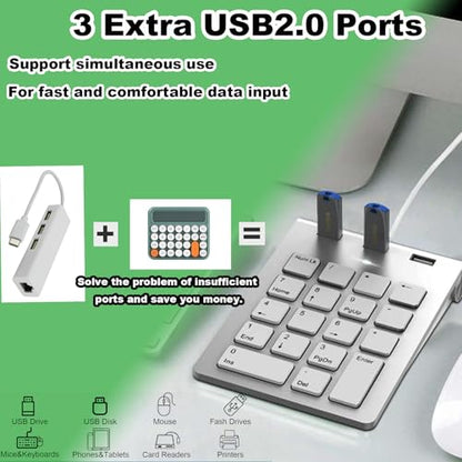 2-in-1 Number Pad & USB Hub with USB-C and USB-A Cables, 15° Ergonomic Wired Numpad with 3 USB 2.0 Ports, 18 Keys Numeric Keypad for Laptop/Desktop/Surface/iPad/Mac/No Adapter Needed USB Number Keypad