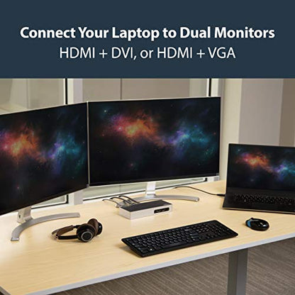 StarTech USB-A Dual Monitor Dock, HDMI & DVI/VGA, 6-Port USB, GbE, Audio | Windows and Mac, Mixed fleets, Six 5Gbps USB-A ports, Two BC 1.2 always-on fast-charge, 1m (3.3ft) host cable - size: Dual Monitor, style: HDMI | DVI/ VGA | 6 x USB 3.1