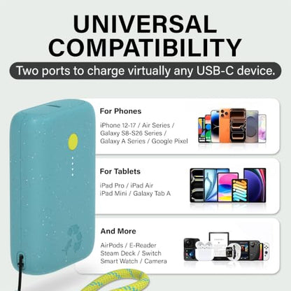 Nimble Champ Portable Charger, 10000mAh Power Bank, 20W Dual USB-C Charging | Compatible with iPhone, Samsung, Tablet, iPad, MacBook, Travel Essential Power Bank with 2 ft USB-C Cable Included - color: Shorebreak Blue