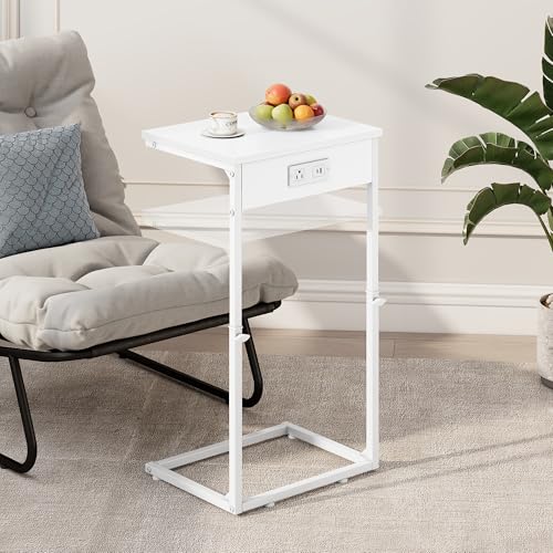 C Shaped End Table with Charging Station, Adjustable Height Side Table for Couch, Small End Table Small Spaces, 33.2'' Tall Couch Tables that Slide Under, Tv Tray Table for Living Room, White - color: White (1 Pack), style: With Plug
