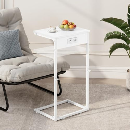 C Shaped End Table with Charging Station, Adjustable Height Side Table for Couch, Small End Table Small Spaces, 33.2'' Tall Couch Tables that Slide Under, Tv Tray Table for Living Room, White - color: White (1 Pack), style: With Plug