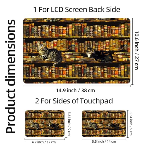 Aesthetic Laptop Skin Sticker, Cats on Book - Filled Shelves Waterproof Vinyl Laptop Decal, Removable Bubble Free, Reusable Protective Cover for 13 14 15 15.6 Inch - color: Cats on Book - Filled Shelves