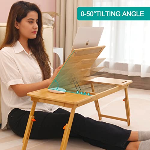 Lap Desk COIWAI Laptop Table Bamboo Writing Eating Bed Tray Adjustable Angle Height Foldable Desk Tray with Tablet Slot Drawer Breakfast Coffee Tea Table for Sofa Couch Floor Large Size - size: 28.8" *13.4" Height&Angle adjust