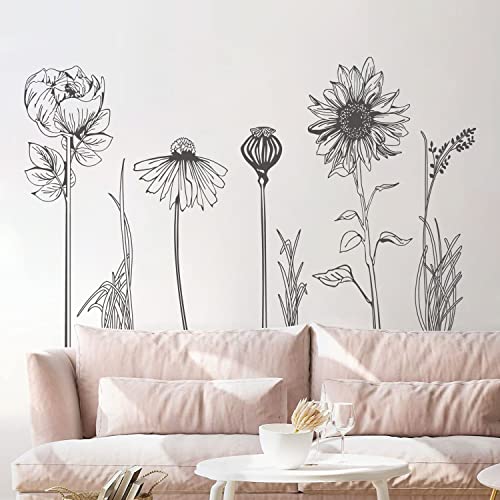 Black Simple Flower Plant Wall Decals, 2 Sheets Large Boho Floral Modern Wall Stickers Peel Stick Sketch Wildflower Wallpaper Art Decor for Bedroom Living Room Office Gifts for Mom(11.8x35.4 in/Sheet) - style: Black Simple Flower Set