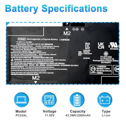PC03XL M24648-005 Laptop Battery for HP Pavilion x360 14 14-DY 14-BA 14-CD 14-dw 15 15-er Pavilion Aero 13-be Pavilion x360 Convertible 14-dy Series HSTNN-OB1W M24421-271 M24421-AC1 PC03043XL - size: 9.76*2.75*0.28inch PC03XL