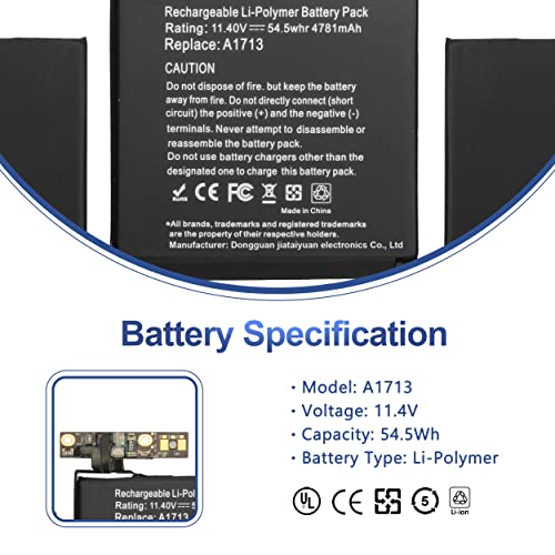 A1708 Battery Replacement, A1713 Battery for MacBook Pro 13 Inch A1708 [Late 2016, Mid 2017] EMC 2978 3164 MPXQ2LL MLL42LL MLUQ2LL MPXR2LL MPXU2LL MPXT2LL MacBookPro13,1 14,1 11.4V 54.5Wh 4781mAh - size: 11.4*3.5*0.15inch A1713