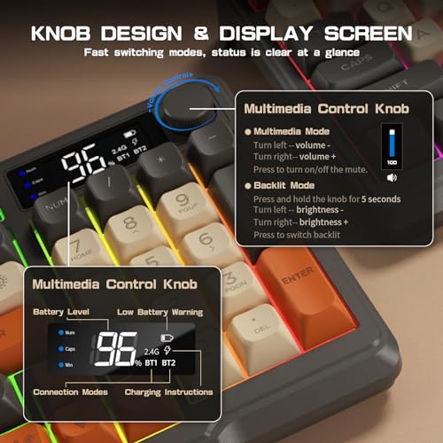 LexonElec M96 Wireless Gaming Keyboard,Knob Control Bluetooth/2.4G Wireless Mechanical Feeling Keyboard,RGB LED Backlit with Display Screen, PBT Keycap,3000mAh, 94-Key Layout for Win/Mac (Shimmer) - color: Shimmer