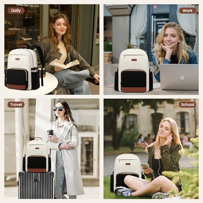LOVEVOOK Laptop Backpack for Women with Pouch Pocket for Large Capacity Cup,15.6 Inch Laptop Computer Bag Travel Backpack Purse,Work Business Backpack College Teacher Bags,Beige-Black-Brown + V-shaped - color: Beige - Black - Chestnut Brown + V-shaped, si