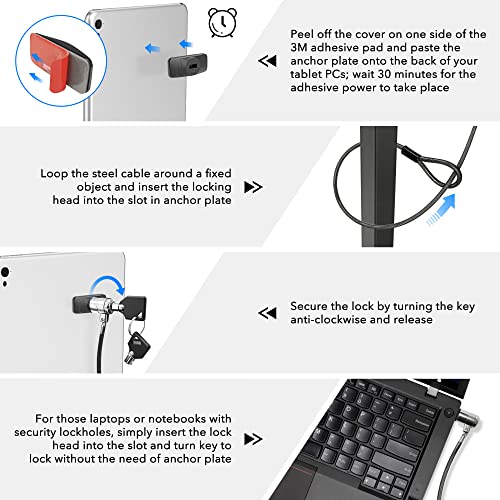 AboveTEK Laptop Lock, Tablet Lock Security Cable with Adhesive Anchors, 3-in-1 Universal Laptop Cable Lock, Professional Laptop Security Lock