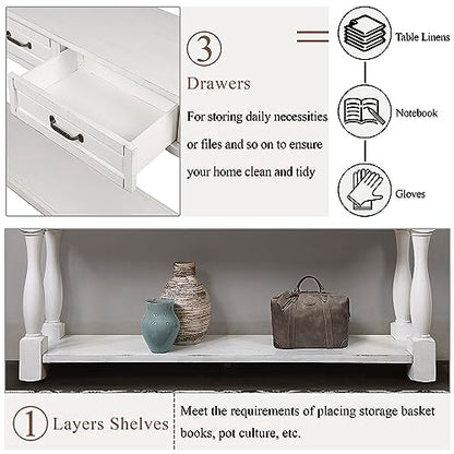 63.4" Solid Wood Console Table for Entryway,Sofa Table with Drawers | Antique White Farmhouse Console Table with 3 Drawers and Bottom Shelf;Solid Wood Sofa Table for Hallway,Foyer,Easy Assembled - color: Antique White