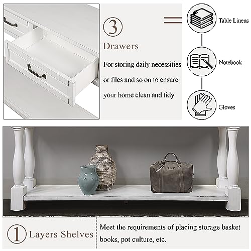 63.4" Solid Wood Console Table for Entryway,Sofa Table with Drawers | Antique White Farmhouse Console Table with 3 Drawers and Bottom Shelf;Solid Wood Sofa Table for Hallway,Foyer,Easy Assembled - color: Antique White