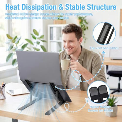 Marte Vanci Laptop Stand for Desk, Portable Computer Riser with 10 Adjustable Levels, Foldable Notebook Holder Ergonomic Ventilated Cooling ABS Computer Stand for Laptops Tablets Black - color: Black