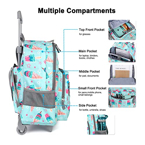 Tilami Rolling Backpack 18 inch Double Handle with Lunch Bag Wheeled Kids Backpack for Girls and Boys, Icecream Green - color: Icecream Green