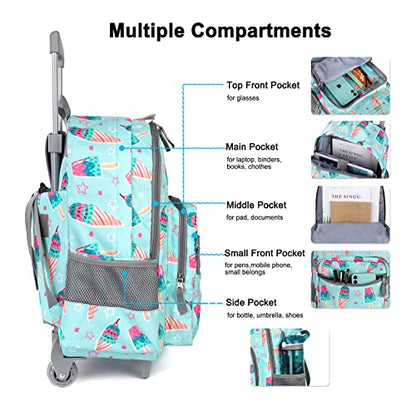 Tilami Rolling Backpack 18 inch Double Handle with Lunch Bag Wheeled Kids Backpack for Girls and Boys, Icecream Green - color: Icecream Green