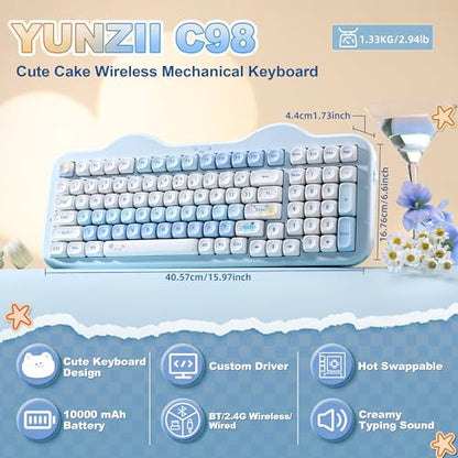 YUNZII C98 Cute Cake Wireless Mechanical Keyboard(Blue, Milk Switch) | 99 Keys with Number Pad, Hot Swap, PBT MOA Keycaps, BT5.0/2.4G/USB-C, Gasket Mount, Custom RGB Backlit for Win/Mac - color: Blue, size: Milk V2 Linear Switch