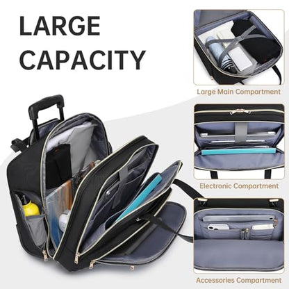 BAVERGE Rolling Laptop Bag for Women with Wheels, Rolling 15.6” Computer Briefcase Overnight Duffle bag for Women Carry on Travel Work Business